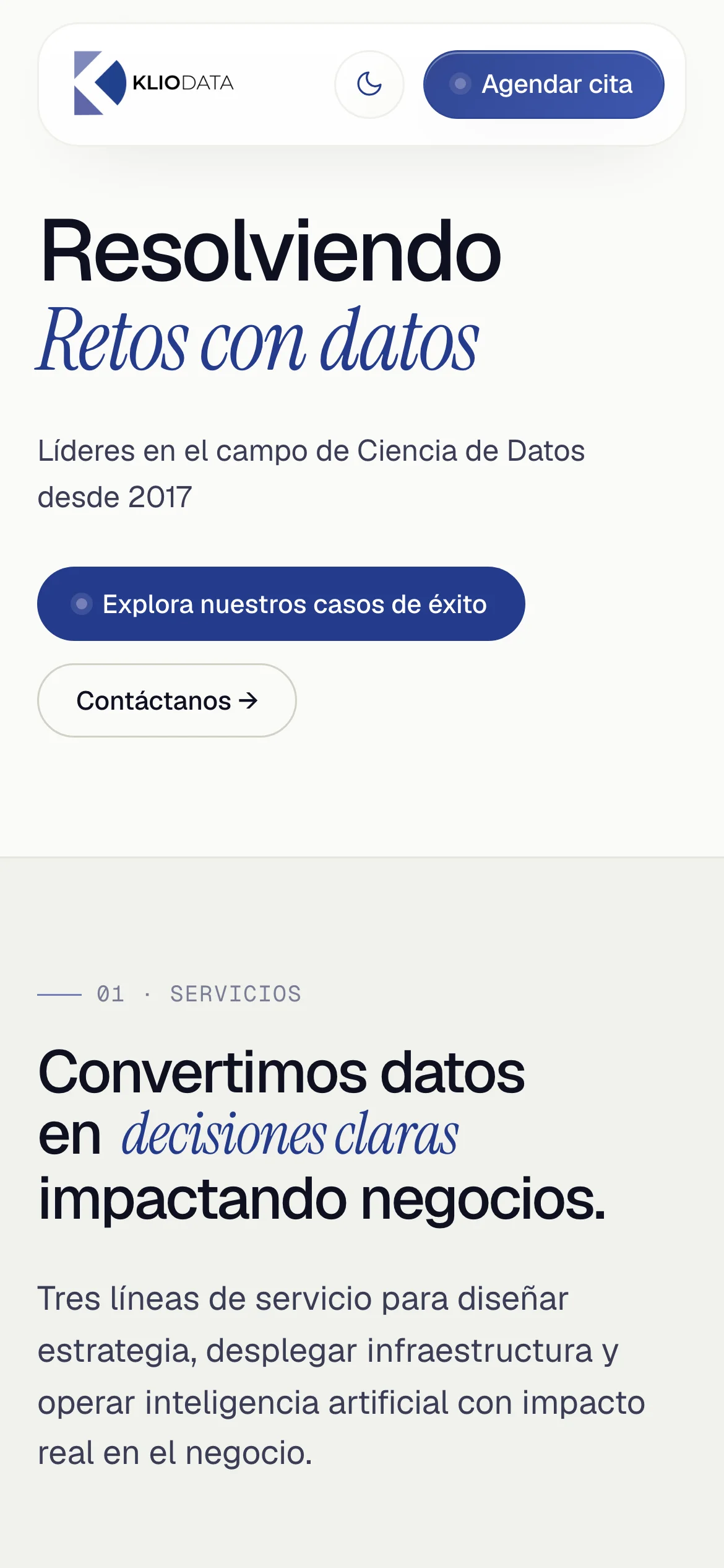 Klio Data: sitio corporativo para una consultora de datos e IA — móvil