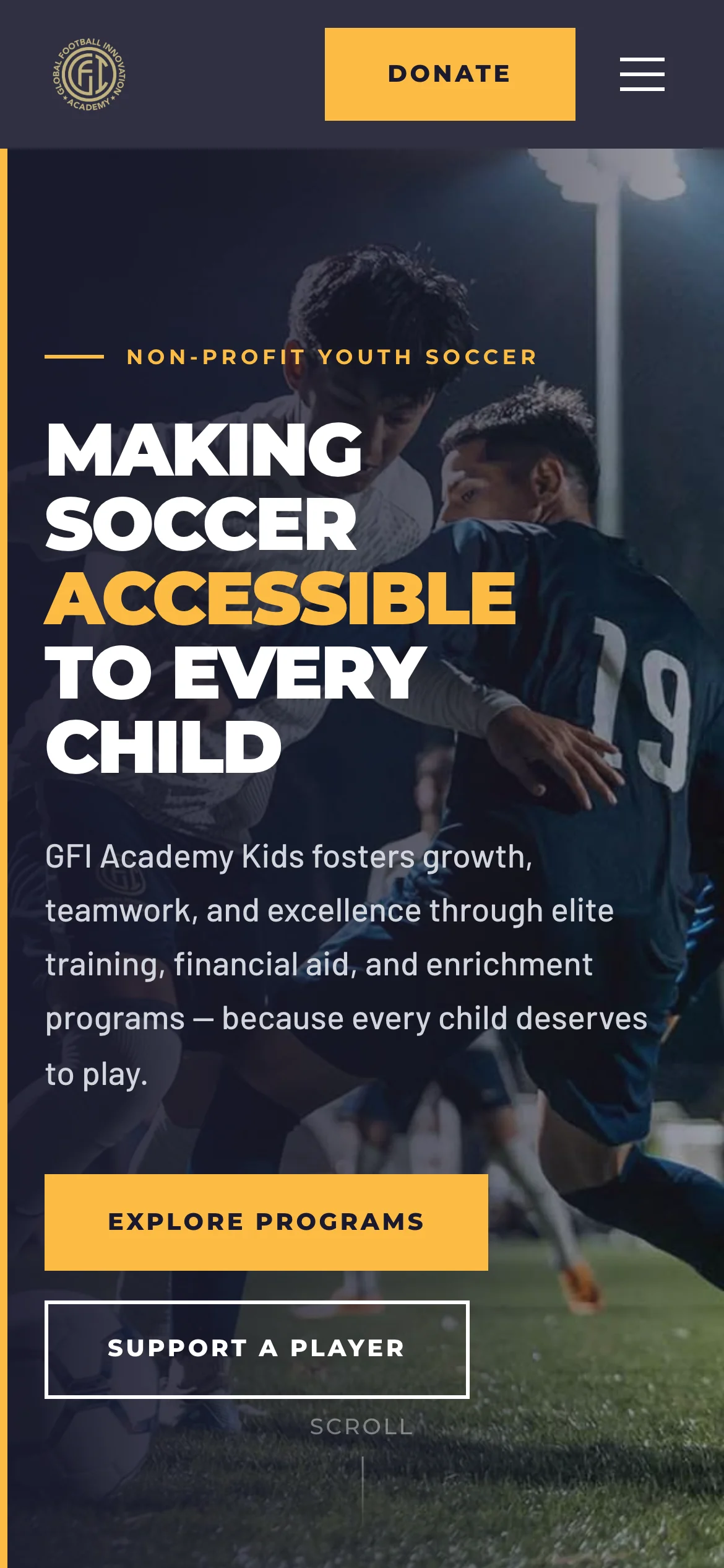 GFI Academy Kids: sitio de una organización de futbol sin fines de lucro — móvil