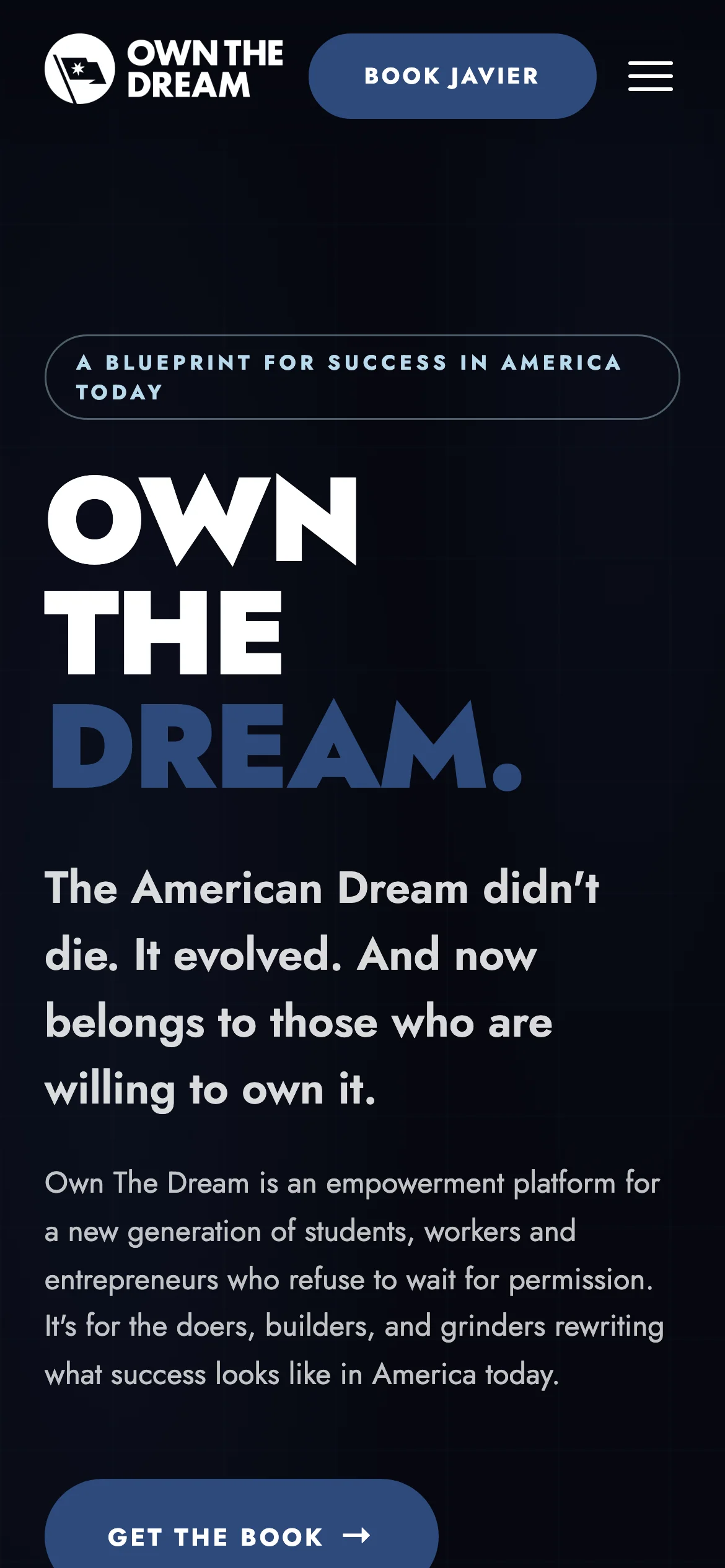 Own The Dream: plataforma de marca personal de Javier Loya — móvil