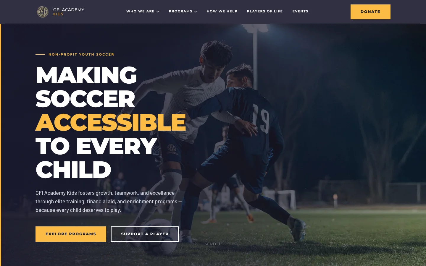 GFI Academy Kids: sitio de una organización de futbol sin fines de lucro — desktop